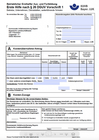 Kostenübernahme Antrag für betriebliche Ersthelfer